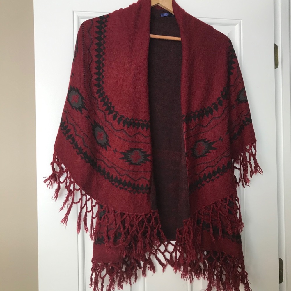 Red Fringe Southwestern Knit Vest Poncho